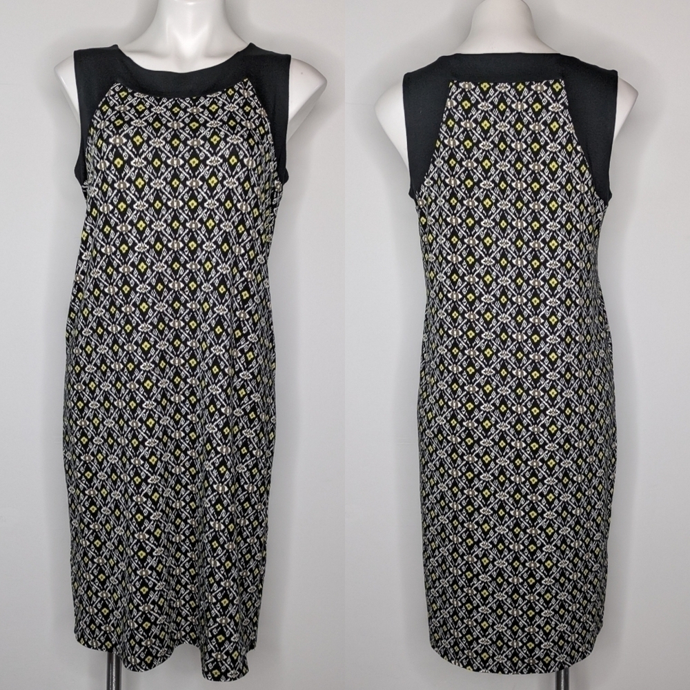 J Jill Wearever black white yellow sleeveless knee length dress S